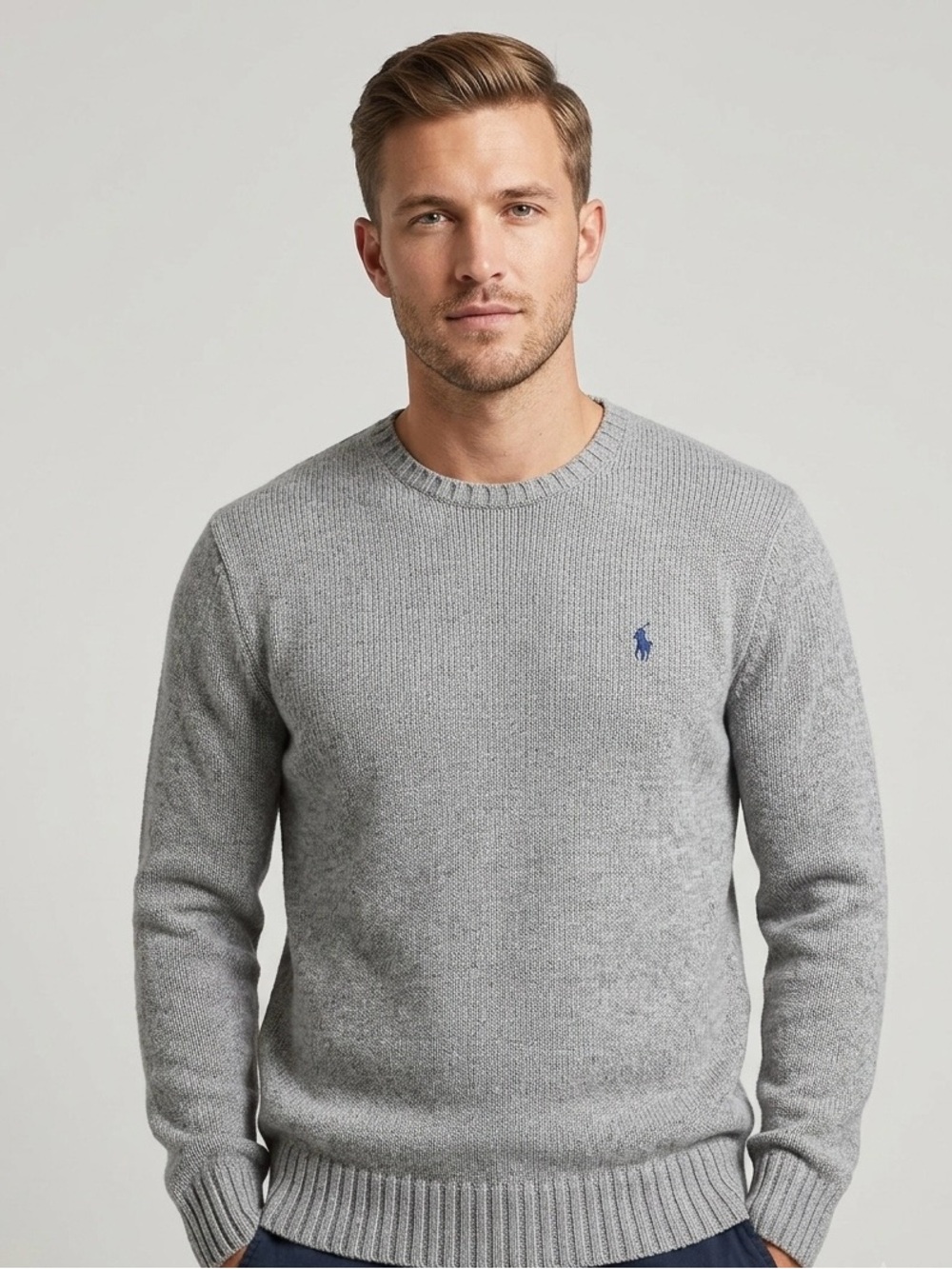 Vintage Polo Ralph Lauren Gray‎ Crewneck Knit Sweater Size L 100% Cotton
